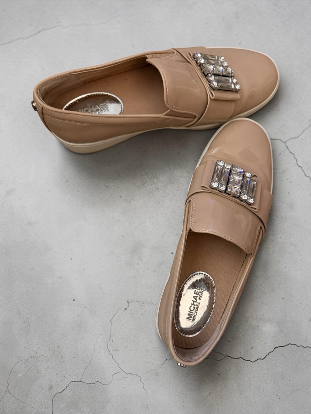 Michael Kors Taupe Patent Slip On Sneakers Crystal Embellished Shoes Size 6 - Picture 11 of 12